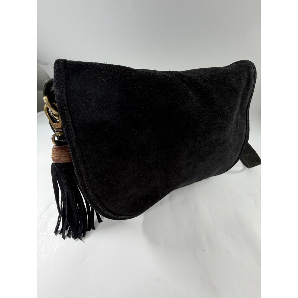 JOYN Black Suede Crossbody Bag Tassel Antique Brass Hardware Boho Shoulder Bag